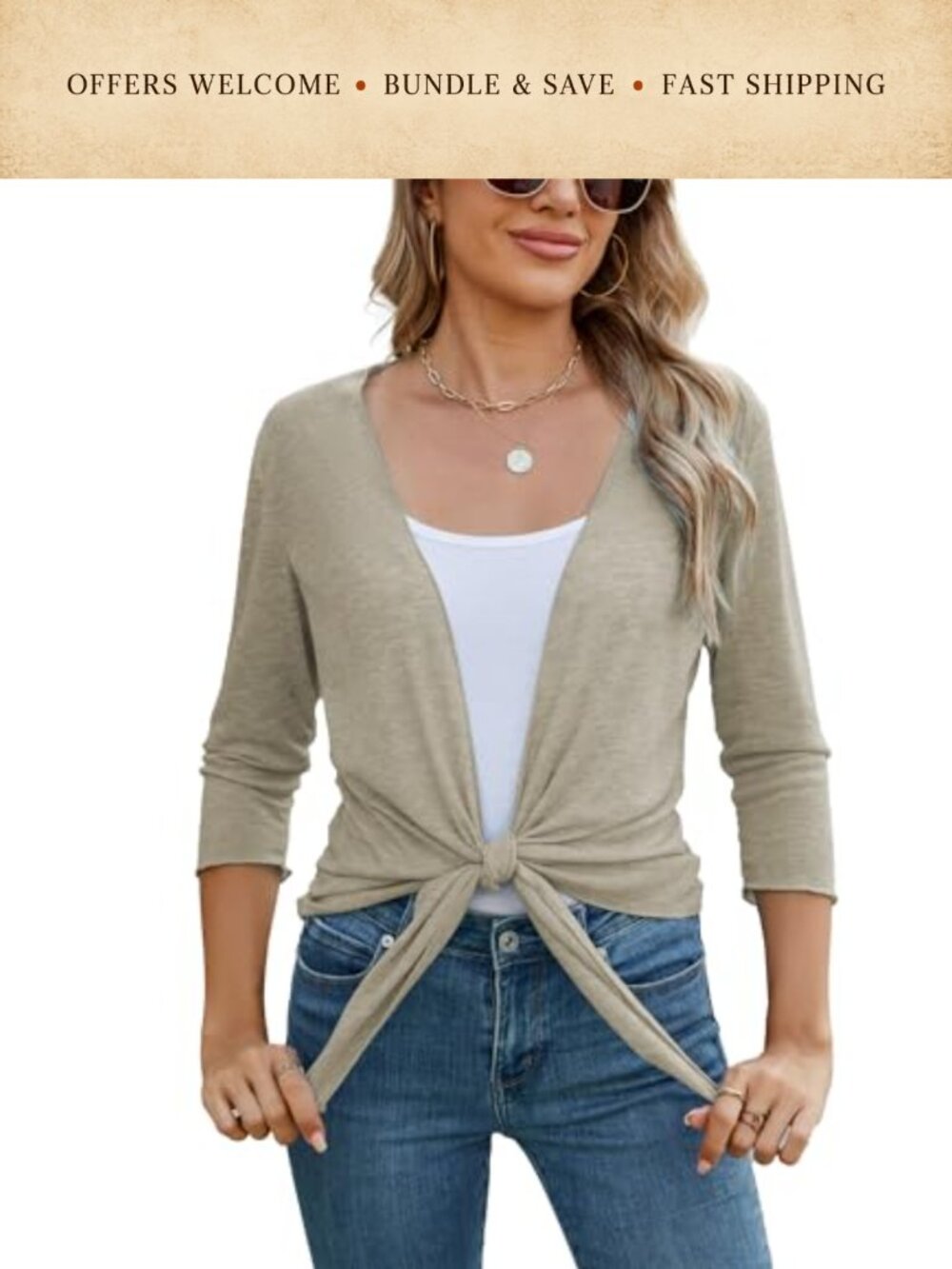 Lightweight Sheer Shrug Bolero Tie Front 3/4 Sleeve Summer Cover Up